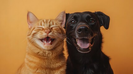 Obraz premium Close-up studio portrait of a happy ginger tabby cat and smiling black dog with vibrant colors and contrasting fur textures, capturing their joyful friendship and expressions.
