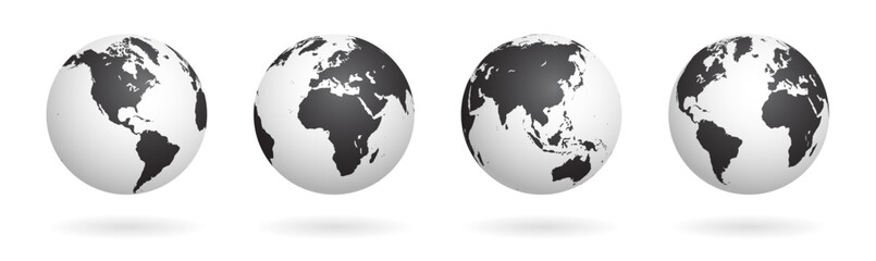 Collection of Black and White Vector Earth Globe Symbols. Different Views centered on each continent. Three dimensional Effect Style Globes.