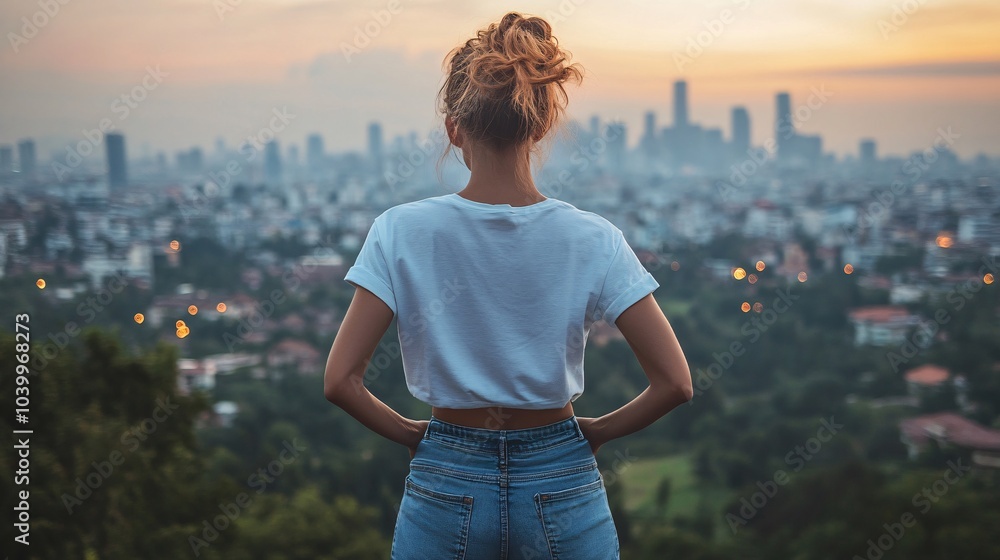 Poster a person standing on a rooftop gazing at the city skyline with a confident and optimistic outlook on