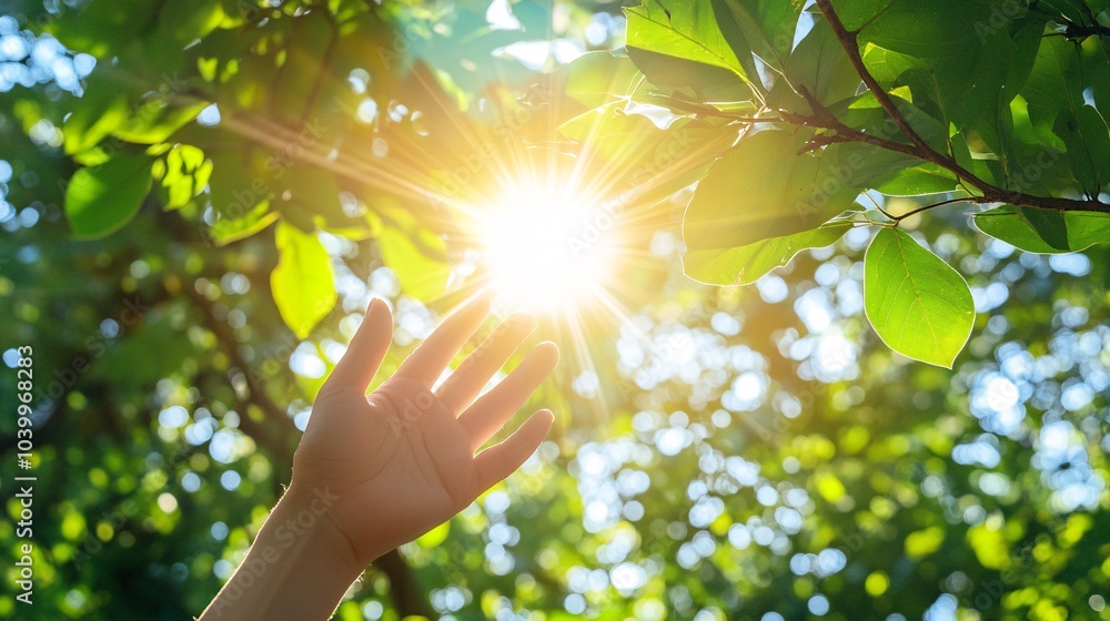 Poster a hand reaching toward the sunlight filtering through tree branches symbolizing hopefulness and conn