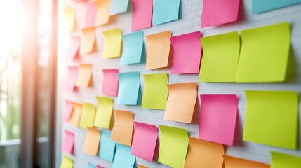 Closeup Blank colorful sticky notes on wall. Prepare for workshop design thinking user experience designer.