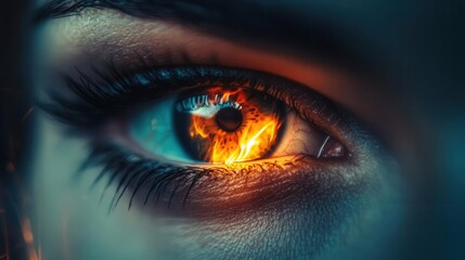 close-up of a captivating female eye, where a burning fire ignites within the iris, symbolizing passion and intensity. the contrast of colors creates an extraordinary focal point