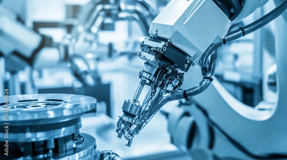 Poster a robot assembling advanced aerospace components in a cutting-edge aerospace engineering lab with cl