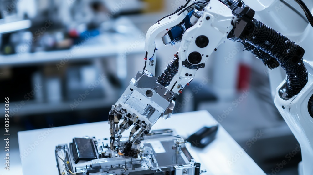 Poster a robot assembling advanced aerospace components in a cutting-edge aerospace engineering lab with cl