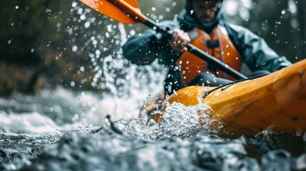 Fototapeta premium Kayaking in rapids. A kayaker paddles through a river rapids, creating a spray of water. The image evokes a sense of adventure and the thrill of navigating challenging waters.