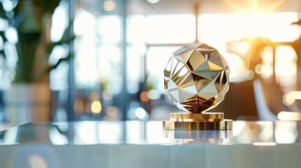 Gold award trophy. A shiny gold award trophy sits on a table, symbolizing achievement and success.