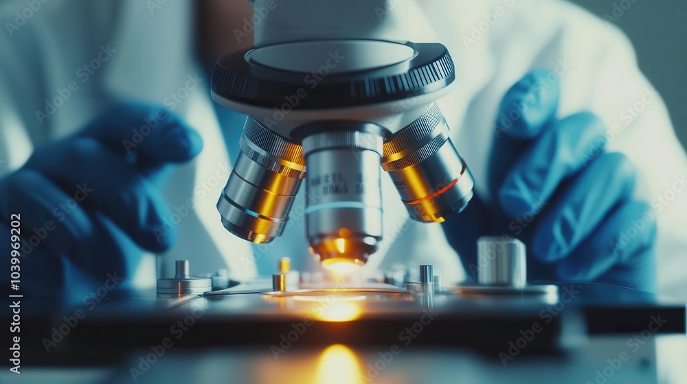Poster close-up of a scientist's hands manipulating a microscope, showcasing precision and dedication in th