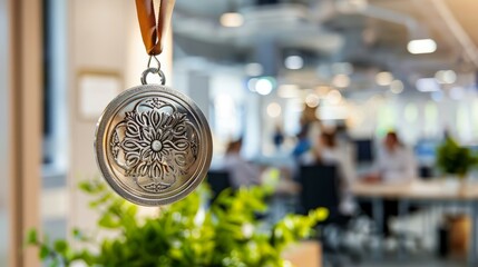 Silver medallion decor. A silver medallion with an intricate floral design hangs in front of a blurry background of an office space. The medallion symbolizes achievement and success.