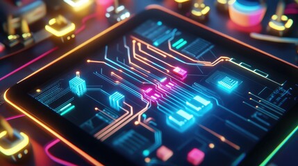 Obraz premium Futuristic Circuit Board Design with Neon Lights
