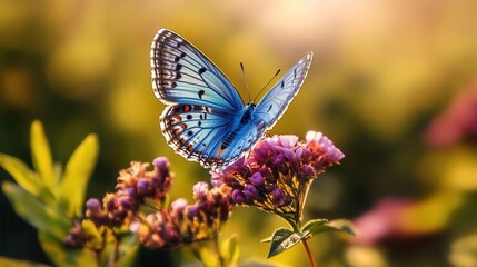 Obraz premium close-up of a stunning blue butterfly perched delicately on a vibrant flower, wings open to reveal intricate patterns, soft sunlight illuminating the scene