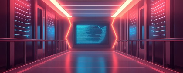 A futuristic corridor lit with neon lights, featuring rows of servers and a digital display, creating a high-tech ambiance.
