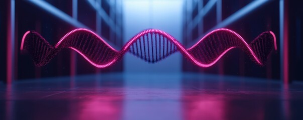 A digital representation of DNA strands in vibrant pink and blue colors, set against a futuristic background, symbolizing biotechnology and genetics.