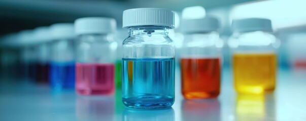 A collection of colorful liquid-filled vials arranged in a row, showcasing various hues against a blurred laboratory background.