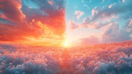 Naklejka premium Sunrise and Sunset Over Blooming Field Landscape