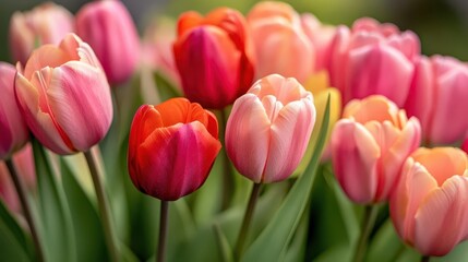 Fototapeta premium close-up of a stunning bouquet of tulips in vivid shades of red, pink, and orange, radiating freshness and the essence of spring with soft petals