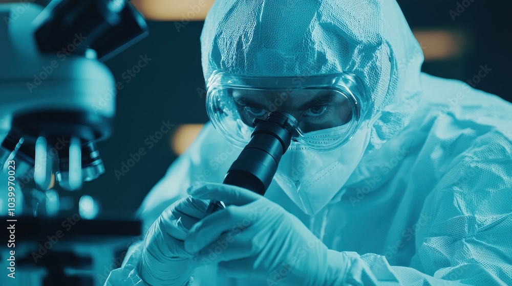 Poster a scientist in protective gear examines a specimen under a microscope in a high-tech laboratory envi