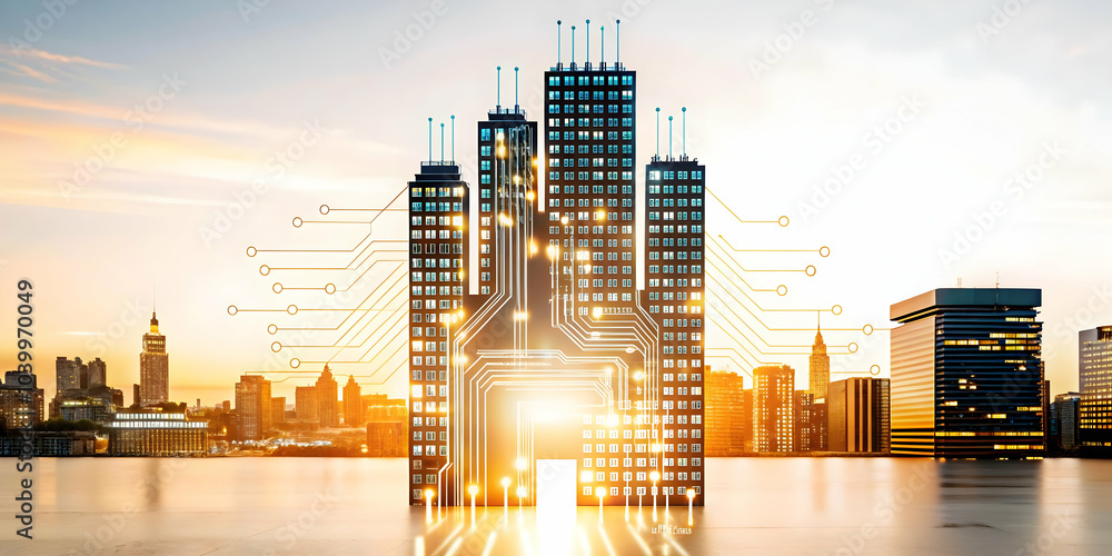Poster glossy building silhouette circuit pattern on plain background symbolizing technology integration in