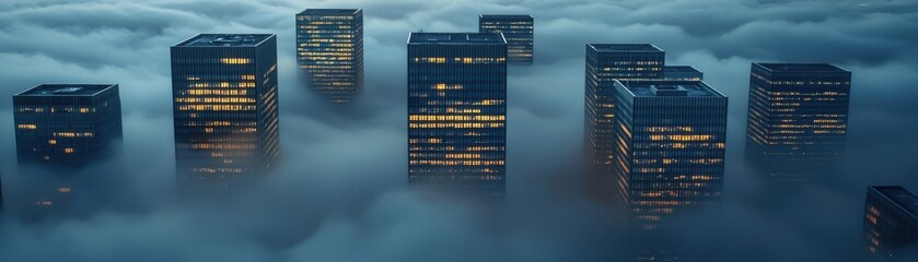 Skyscrapers emerging from dense fog, illuminated windows at dusk, creating a mysterious urban landscape.