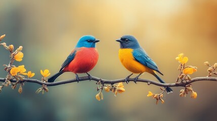 Colorful Birds Perched on Branch in Nature Scene