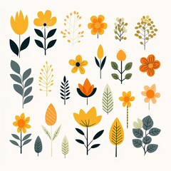 Set of simple clipart flowers and leaves in a flat style.