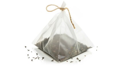 Bag of tea leaves is sitting on a white background