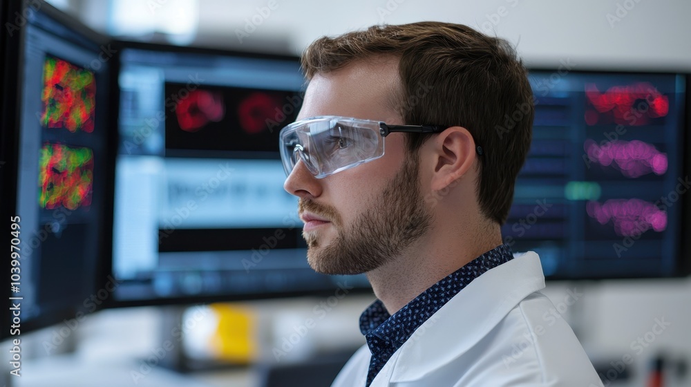 Poster a focused researcher in a lab coat and goggles analyzes data on multiple computer screens, showcasin