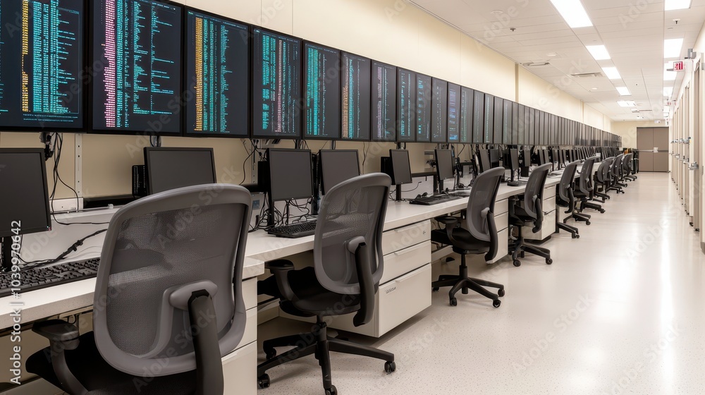 Poster a modern office space featuring rows of computer workstations with multiple monitors displaying data