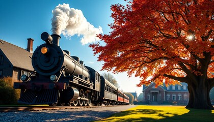 Obraz premium Rusty locomotive chugging through a misty forest