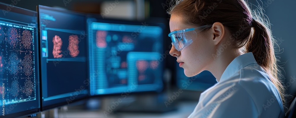 Poster a focused scientist analyzes digital data on multiple screens, showcasing a high-tech research envir