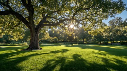 Fototapeta premium Majestic oak tree in a lush green park with dappled sunlight filtering through leaves, vibrant foliage, and a peaceful garden setting, captured in high-resolution with rich colors.