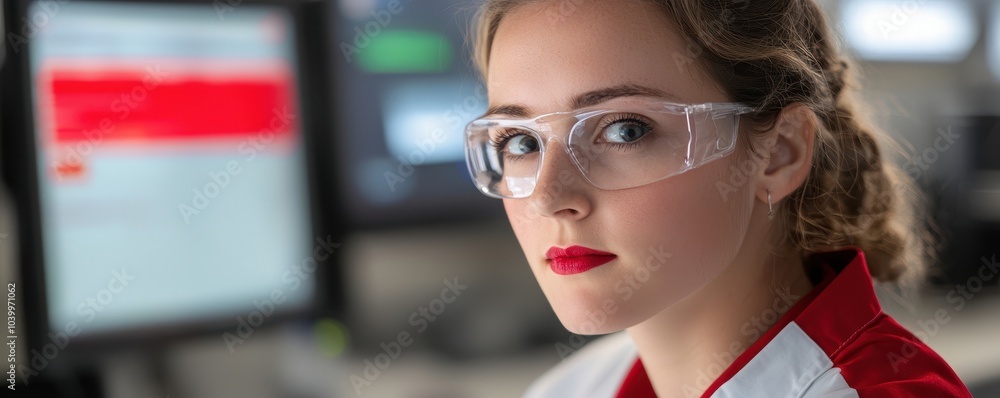 Poster a focused woman with glasses and red lipstick in a lab environment, surrounded by computer screens d
