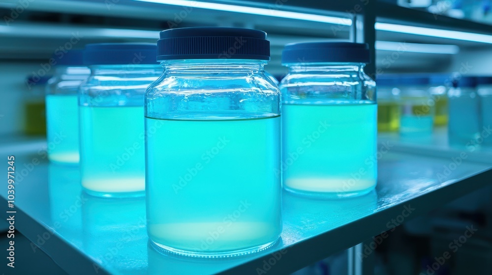 Poster illuminated jars containing a vibrant blue liquid are displayed on a shelf, creating a modern scient