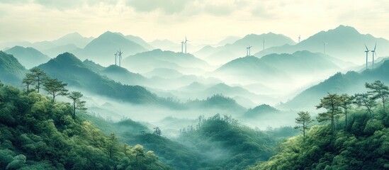 Misty Mountain Landscape with Wind Turbines