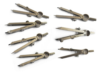 Different compasses isolated on white background. Hand delimiters or circinus, dividers