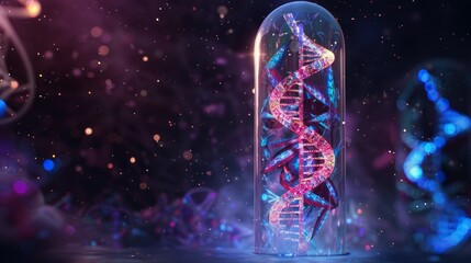 Dna helix in glass. A vibrant double helix DNA structure is captured inside a glass vial, symbolizing the essence of life and genetic code.