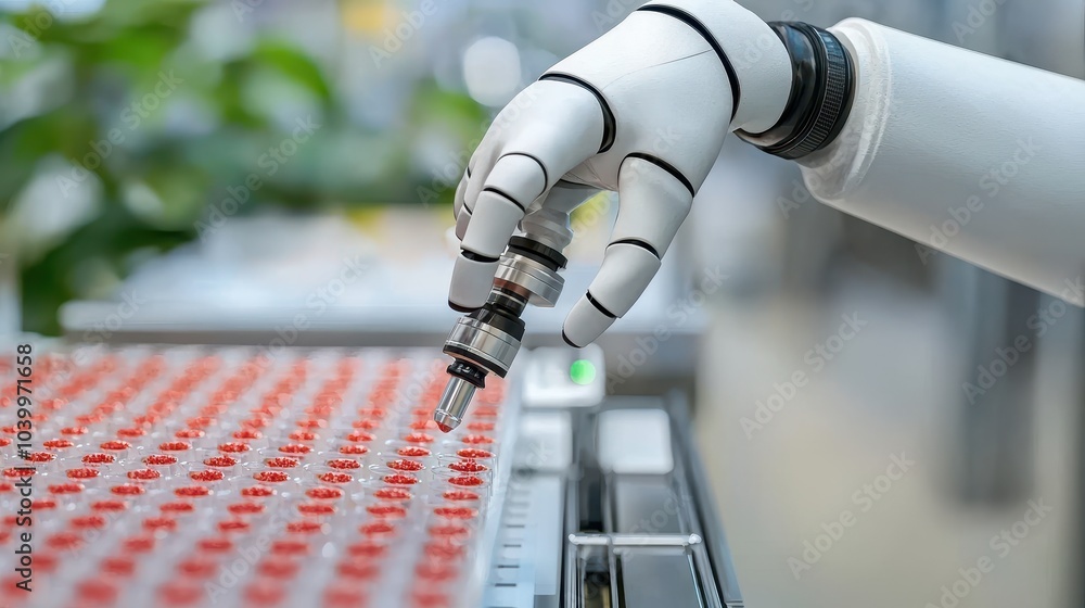 Poster a robotic hand delicately manipulates a device over a grid of red objects, showcasing advancements i