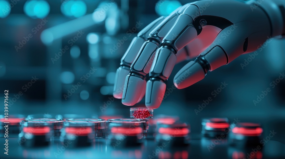 Poster a robotic hand interacts with illuminated buttons, showcasing advancements in technology and automat