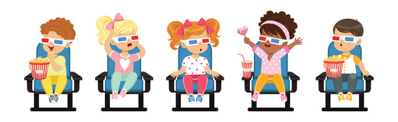 Cute Kids Character Watching Movie Sit on Chair in 3D Glasses Vector Set
