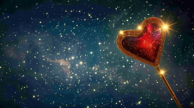 Cosmic heart wand. A golden wand with a heart-shaped top adorned with sparkling stars against a deep blue night sky. The heart represents love, hope, and dreams.