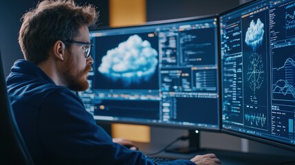 A man with glasses works intently at multiple computer screens displaying data visualization and cloud graphics in a tech-focused environment.