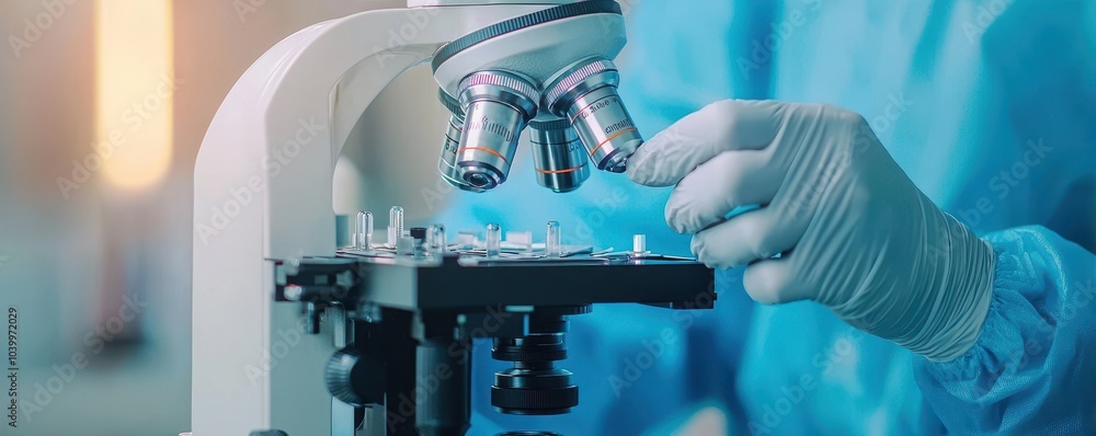 Poster a close-up of a scientist using a microscope in a laboratory, showcasing research and experimentatio