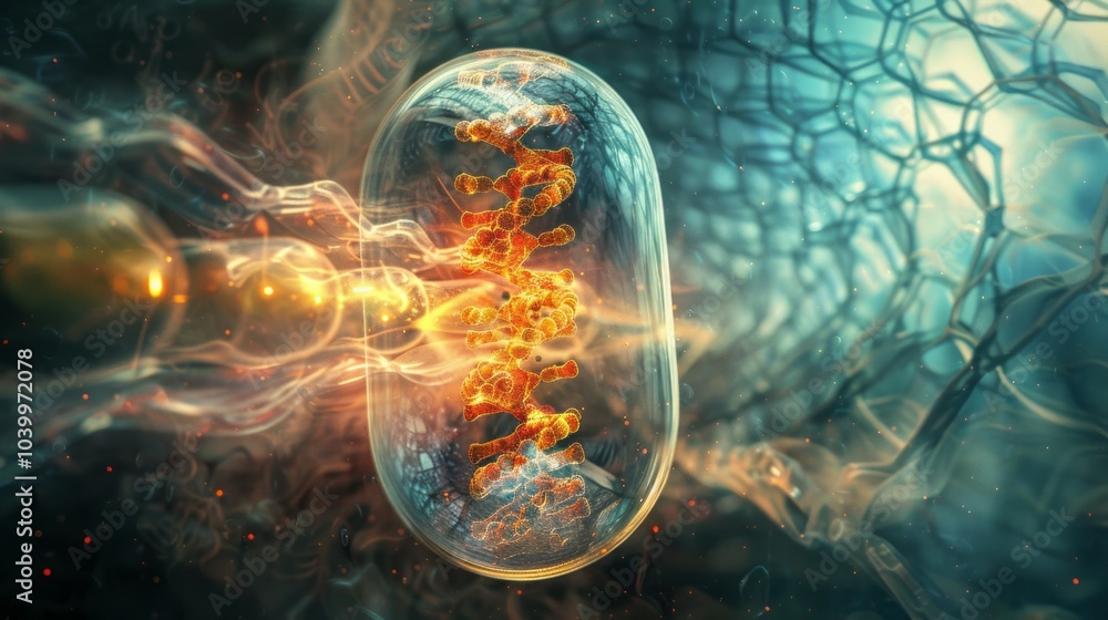 Poster dna strand in capsule. a glowing dna strand inside a capsule symbolizes the power and complexity of 