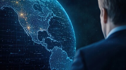 A person gazes at a digital representation of Earth, showcasing interconnected data points over North America in a futuristic style.