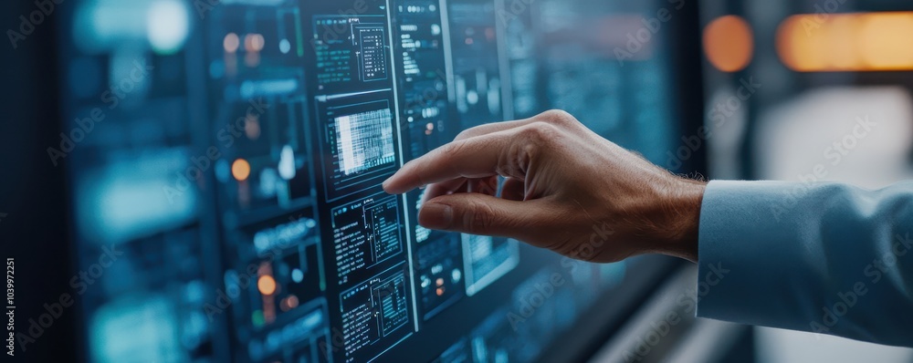 Poster a hand interacts with a futuristic touchscreen displaying data and analytics, emphasizing technology