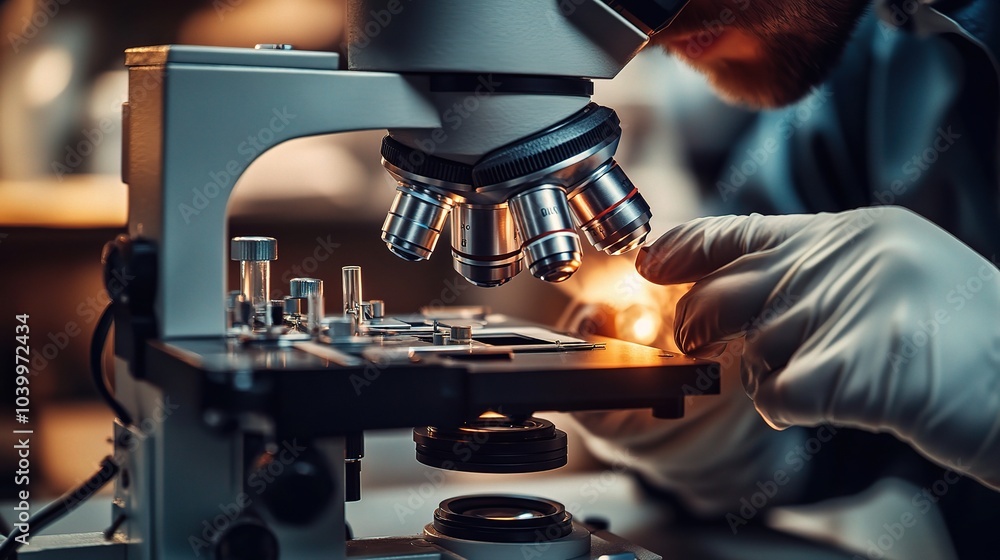 Poster close-up of scientist using microscope in lab