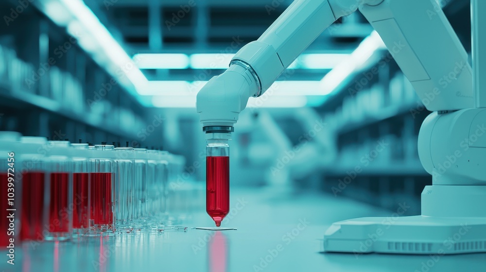 Poster description a robotic arm meticulously places a test tube filled with red liquid into a laboratory s