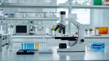 A clean laboratory setting featuring a microscope and colorful test tubes, highlighting scientific research and experimentation.