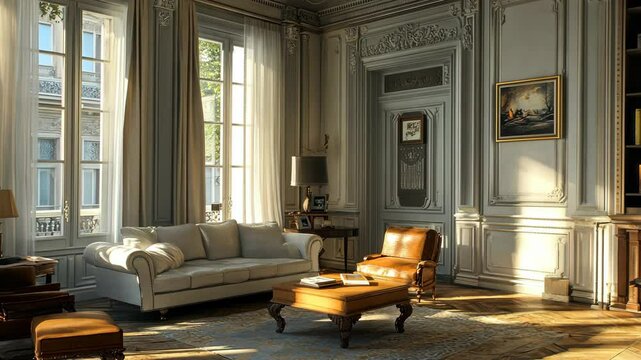 A spacious living room filled with natural light from large windows in a Parisian apartment