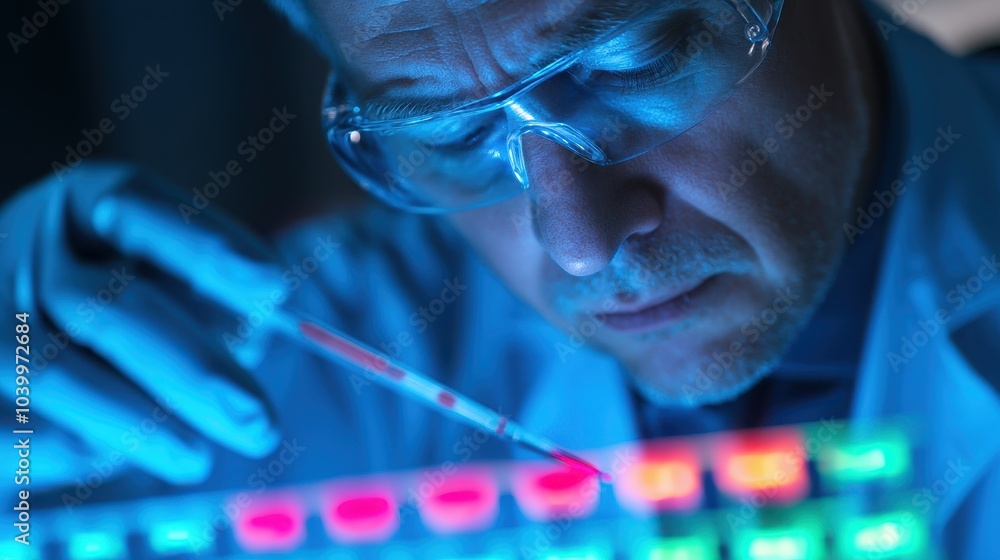 Poster a focused scientist conducts a colorful experiment using a pipette in a dimly lit laboratory, showca