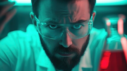 A focused scientist examines a red solution in a lab, illuminated by vibrant blue light, showcasing a mix of curiosity and intensity.